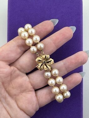 💛 Vintage Gold Plated Floral Clasp With Blue Gemstone Pearl Bracelet | Luxury